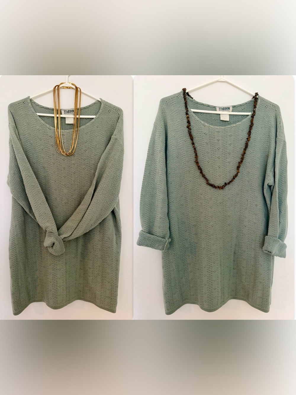 Vintage Stardom sage green knit boatneck cotton sweater - L